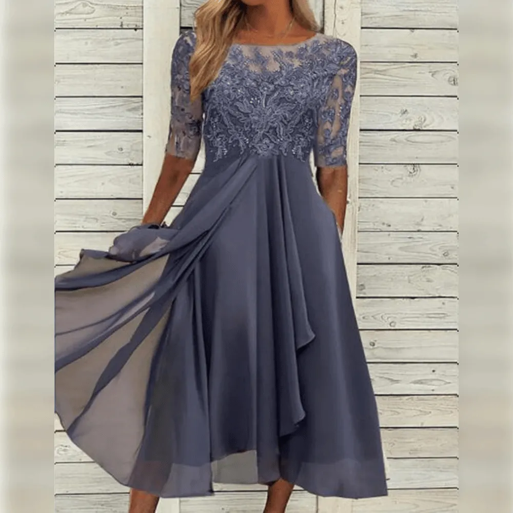 Sophie - Women's knee-length lace midi dress with chiffon ruffles
