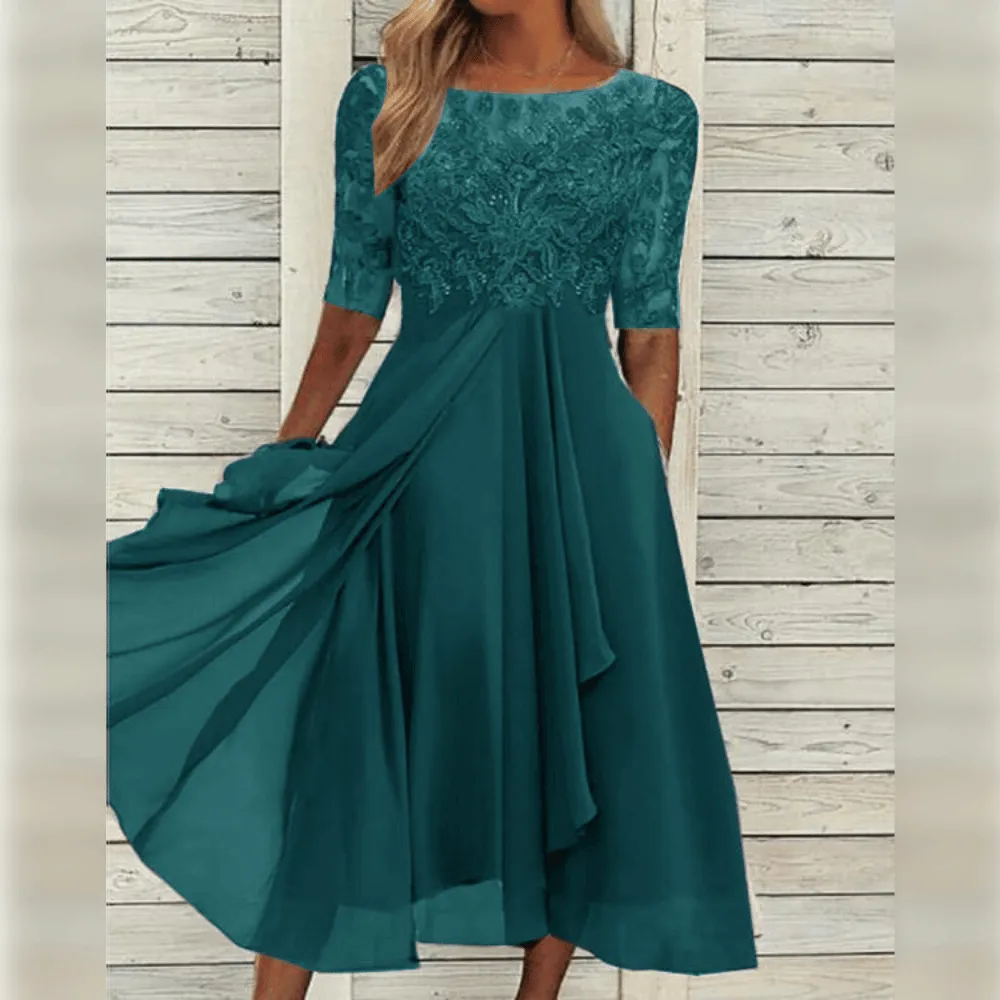 Sophie - Women's knee-length lace midi dress with chiffon ruffles