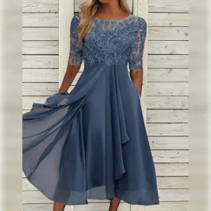 Sophie - Women's knee-length lace midi dress with chiffon ruffles