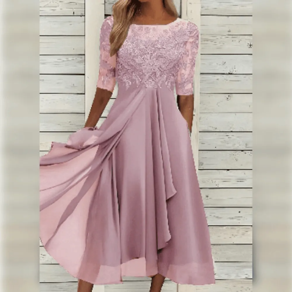 Sophie - Women's knee-length lace midi dress with chiffon ruffles