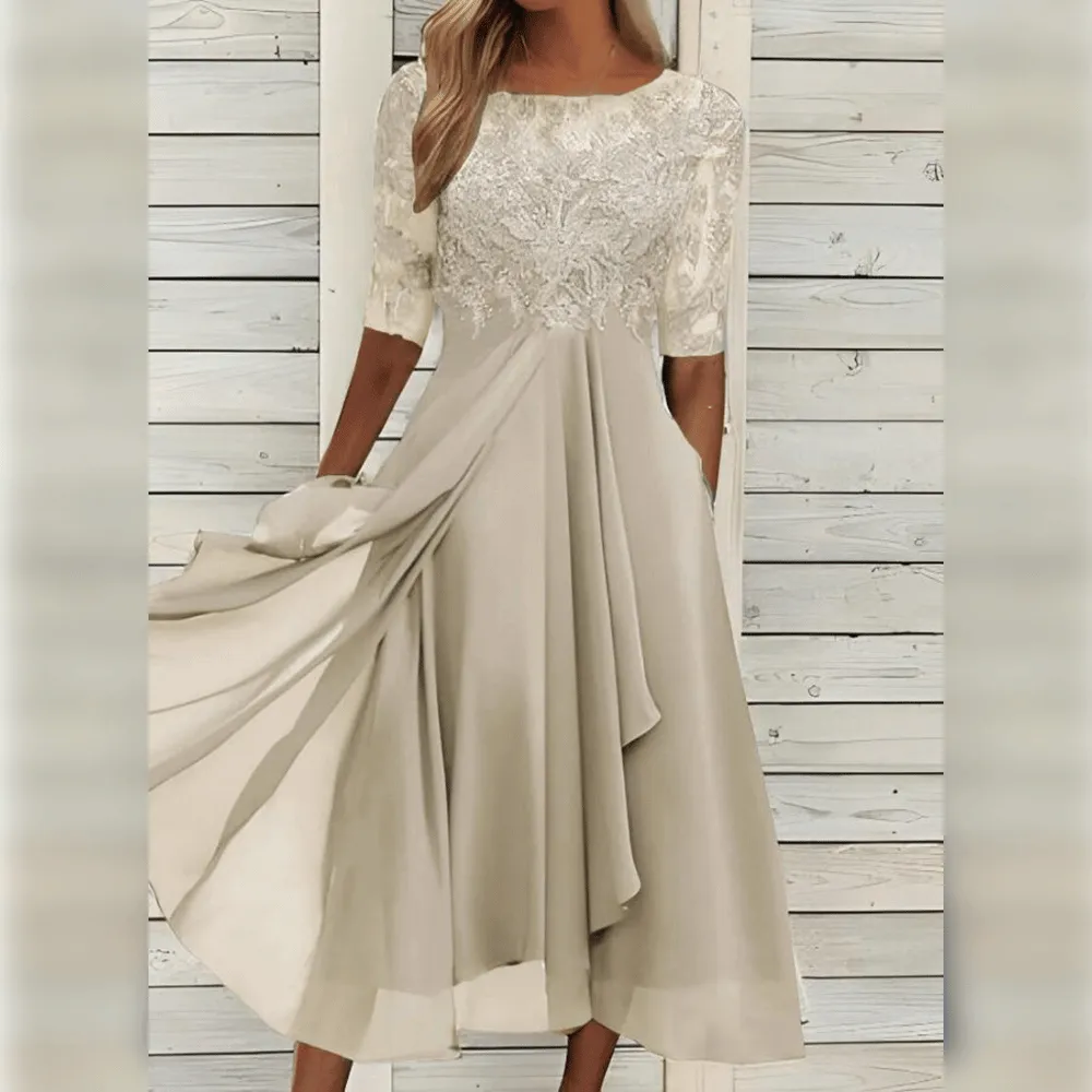 Sophie - Women's knee-length lace midi dress with chiffon ruffles