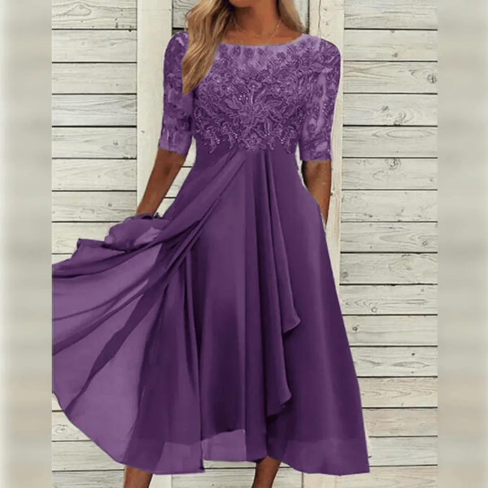 Sophie - Women's knee-length lace midi dress with chiffon ruffles
