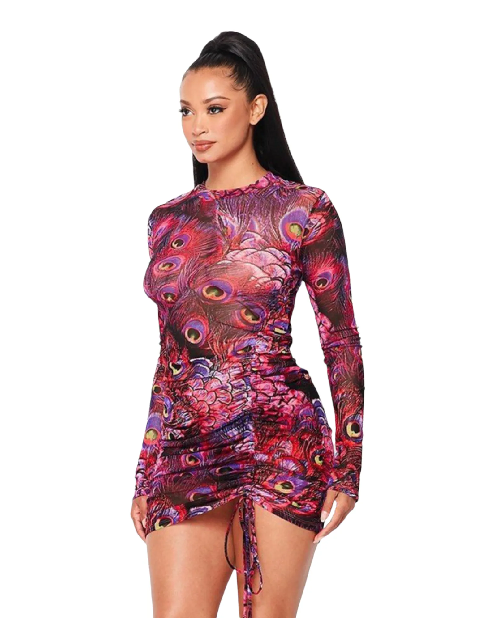 Sri Lanka Ruched Mesh Dress - Peacock