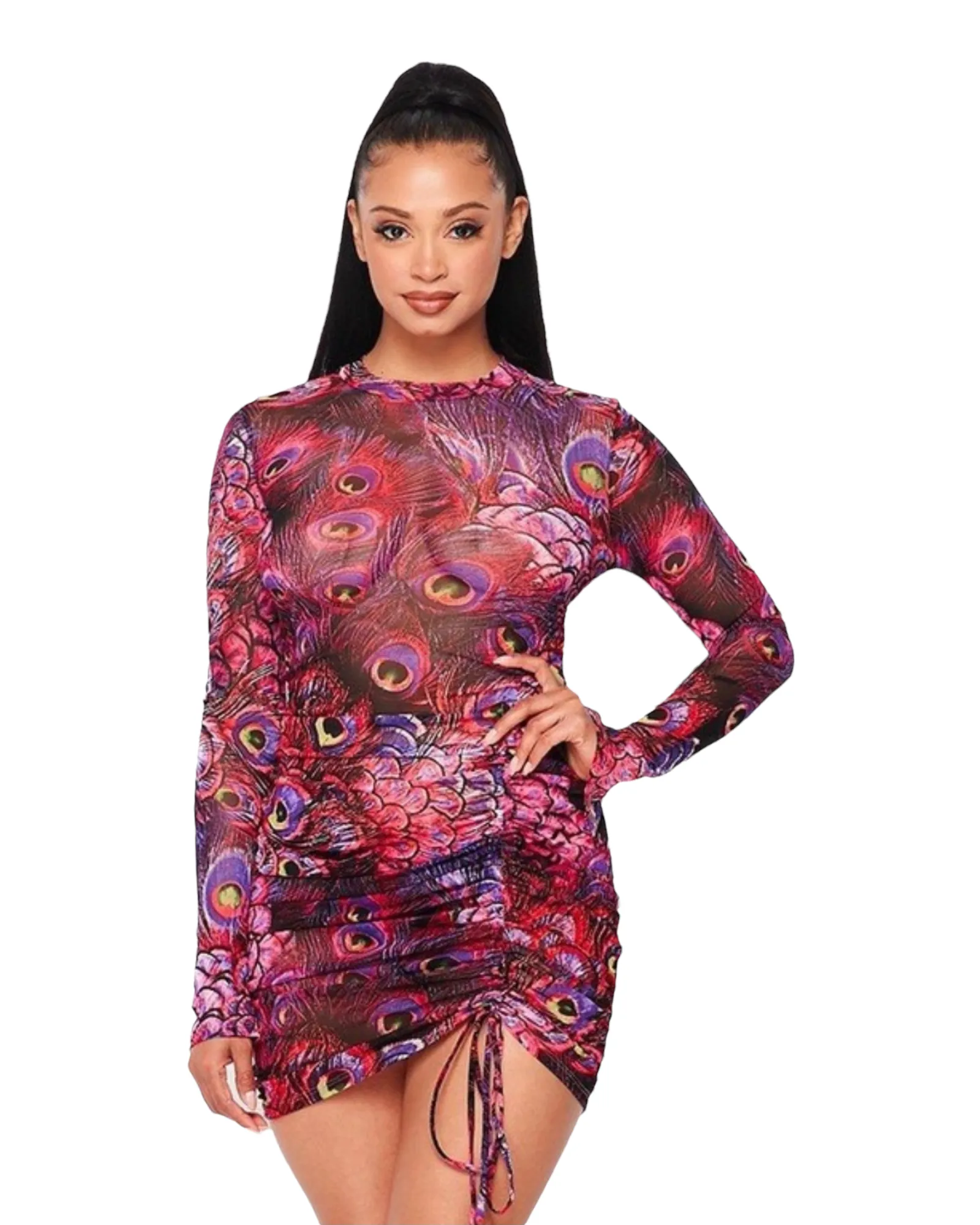Sri Lanka Ruched Mesh Dress - Peacock