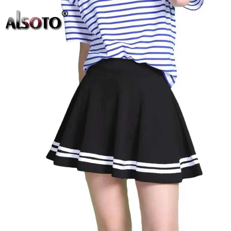 Summer 2023 Women Skirt Elastic Faldas Ladies Midi Skirts Pleated Black Sexy Stripe Girl Mini Short School Skirts saia feminina
