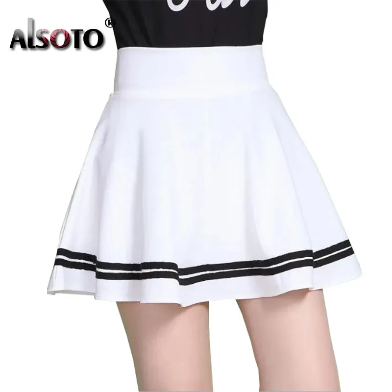 Summer 2023 Women Skirt Elastic Faldas Ladies Midi Skirts Pleated Black Sexy Stripe Girl Mini Short School Skirts saia feminina