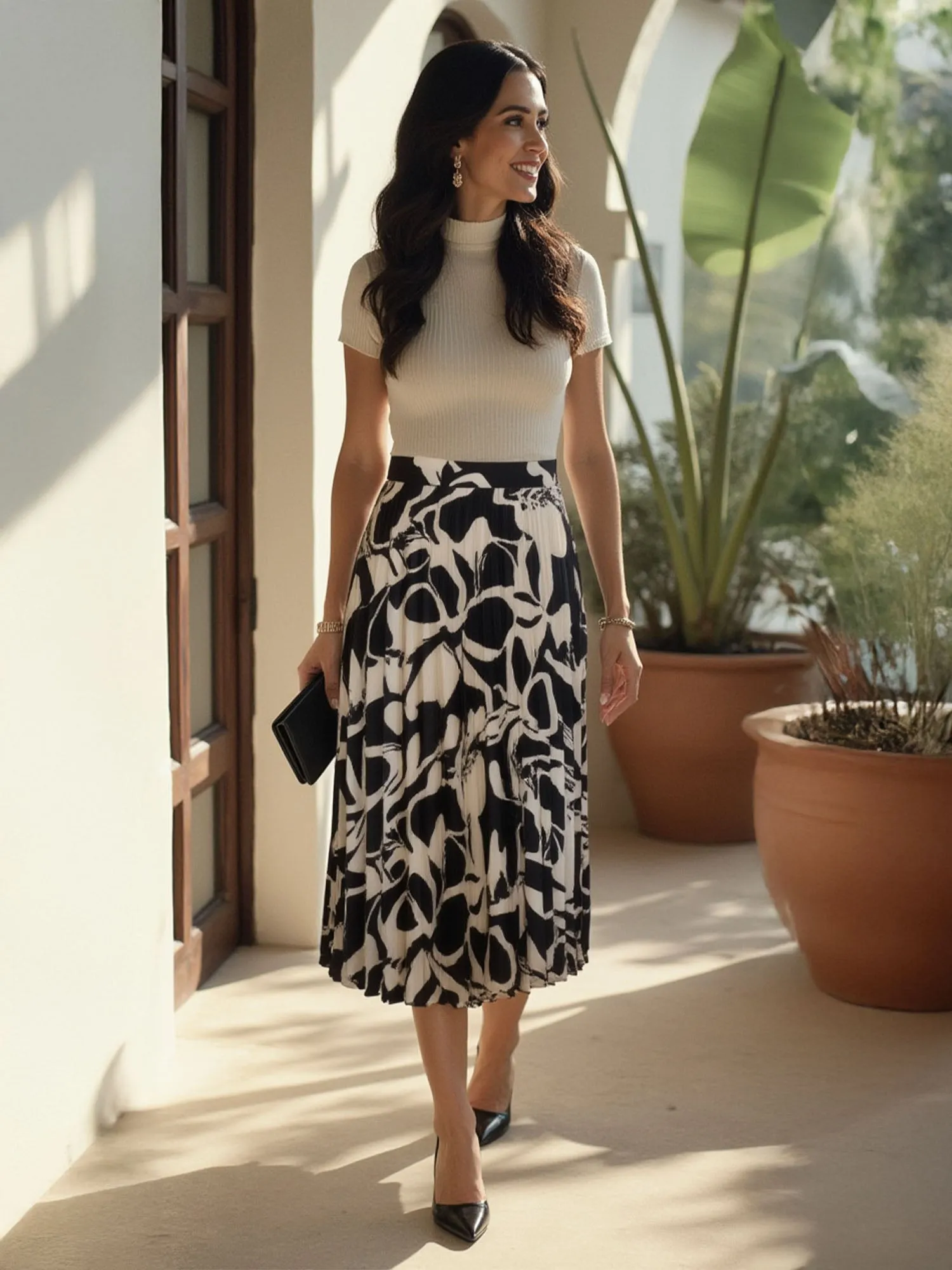 Sunburst Printed Pleated Midi Skirt