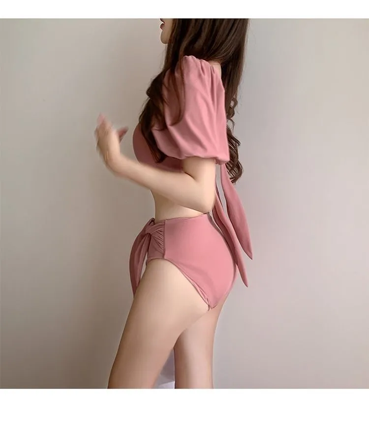 Swimsuit female pink puff sleeve lace-up bikini
