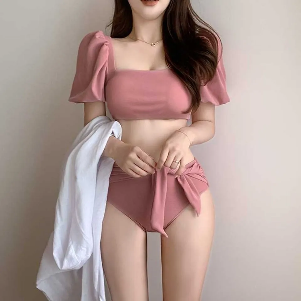 Swimsuit female pink puff sleeve lace-up bikini