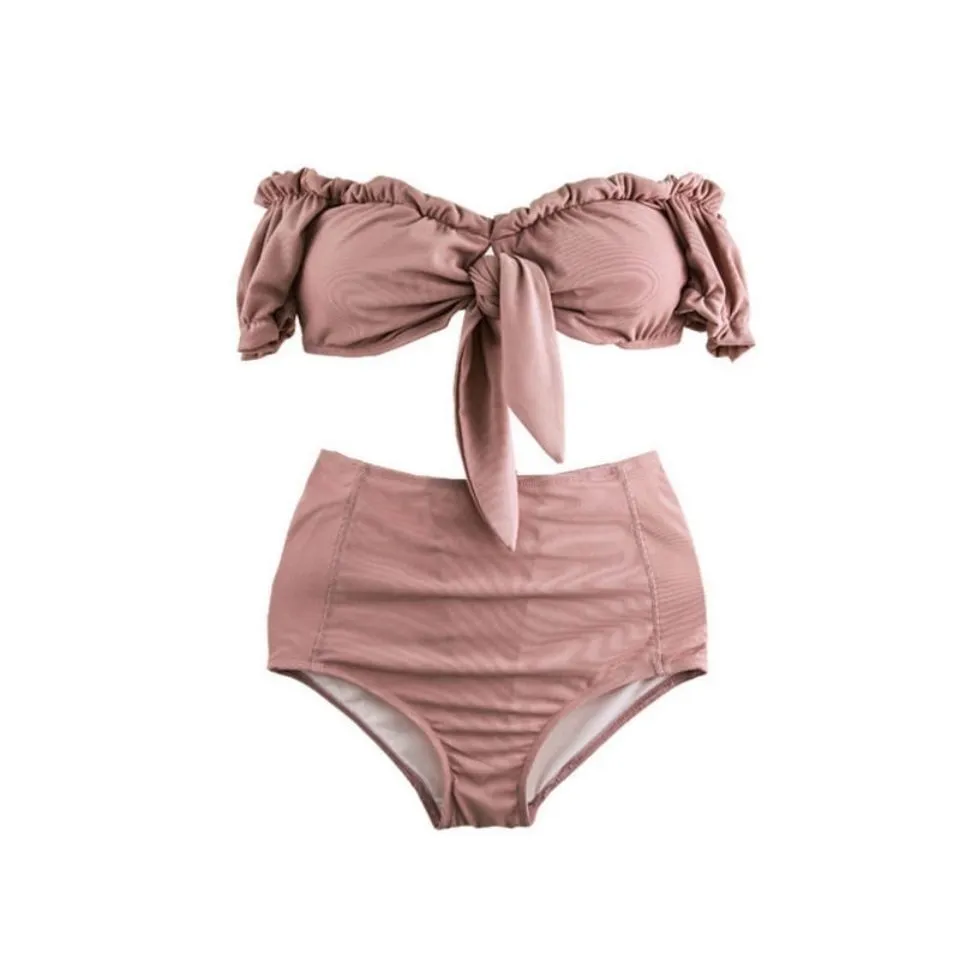 Swimsuit female pink puff sleeve lace-up bikini