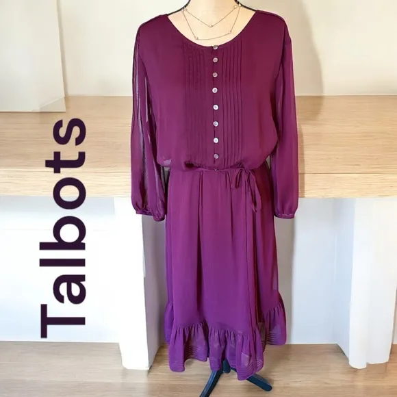 Talbot's NWT size 20 lined Fit &amp; Flare midi Dress in eggplant. 3/4 sheer sleeve.