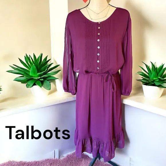 Talbot's NWT size 20 lined Fit &amp; Flare midi Dress in eggplant. 3/4 sheer sleeve.