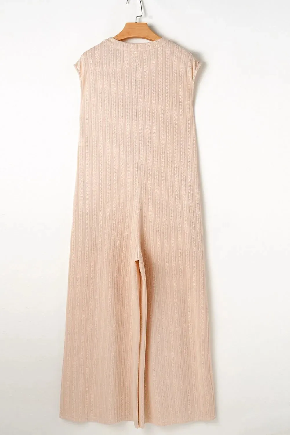 Textured Button Front Wide Leg Cap Sleeve Jumpsuit