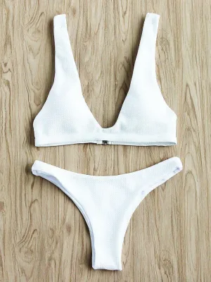 Textured Design Plunge Neck Bikini Set