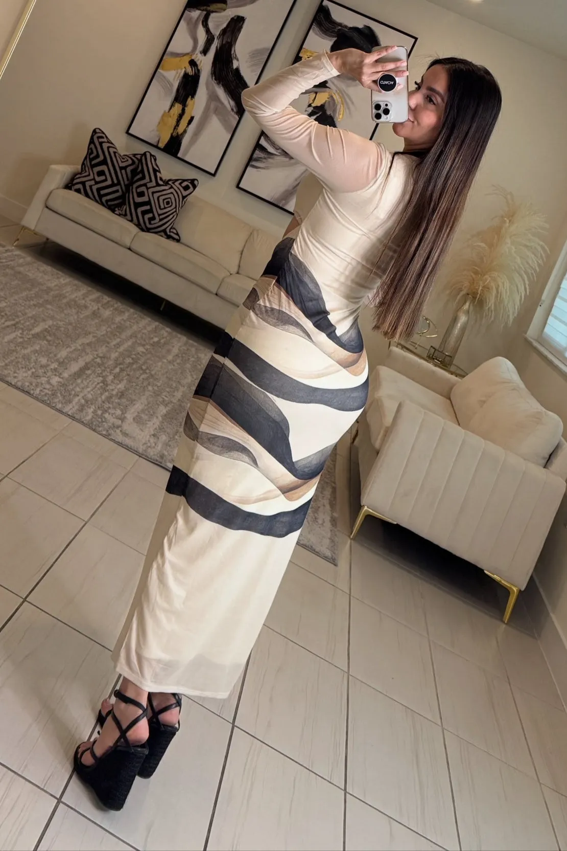 The Luna Mesh Beige Midi Dress