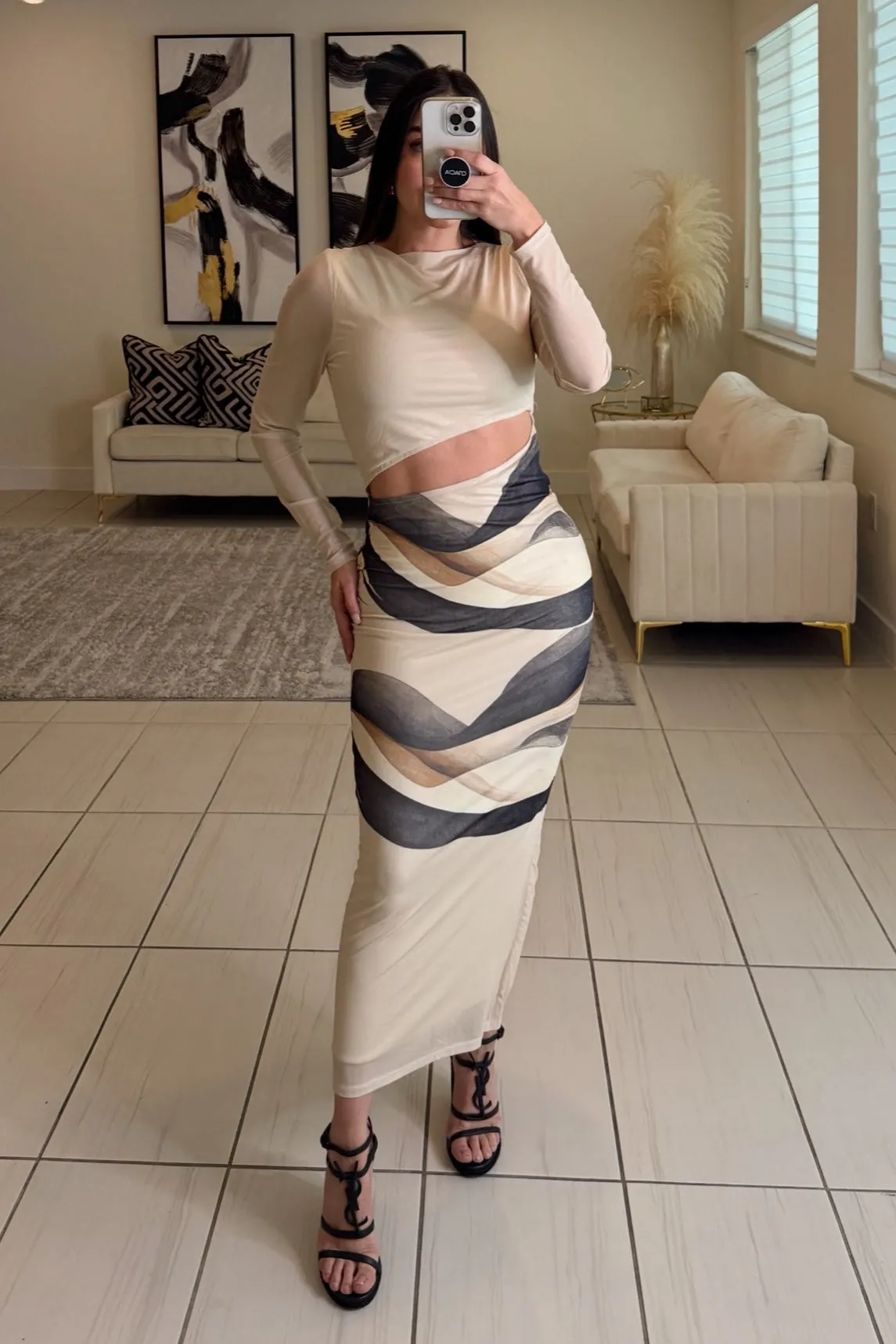 The Luna Mesh Beige Midi Dress
