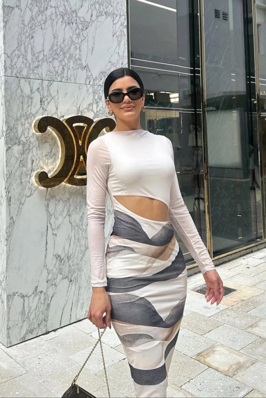 The Luna Mesh Beige Midi Dress