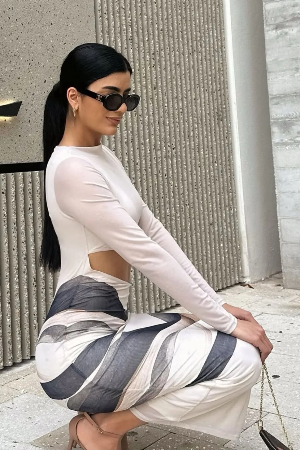 The Luna Mesh Beige Midi Dress