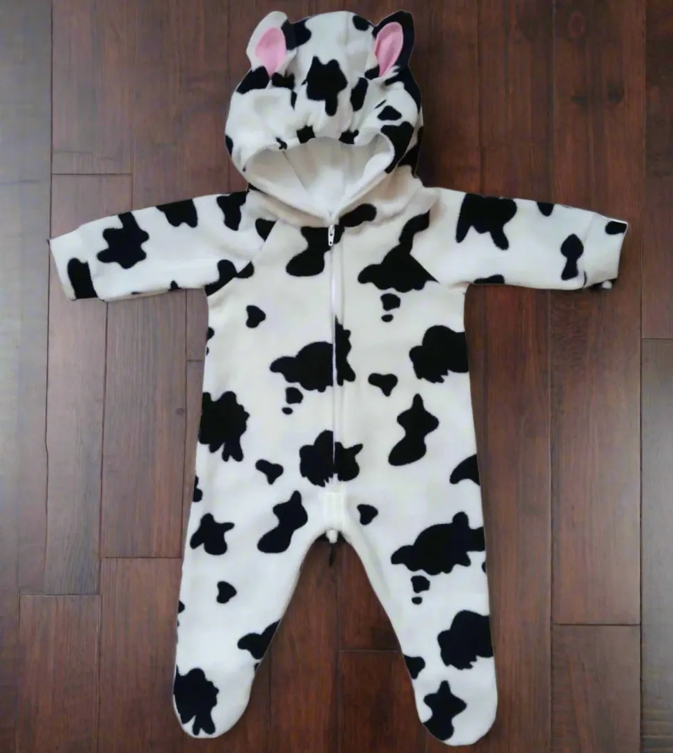 The "Farmsie" Cow Print Fleece Jumpsuit with Hood