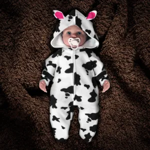 The "Farmsie" Cow Print Fleece Jumpsuit with Hood