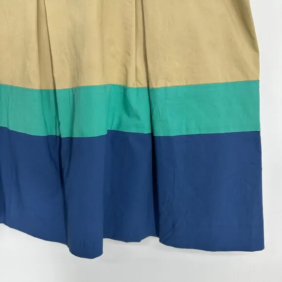 Theory Pleated Mini Skirt 8 Color Block Striped Cotton Poplin Tan Aqua Blue