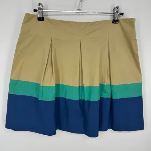 Theory Pleated Mini Skirt 8 Color Block Striped Cotton Poplin Tan Aqua Blue