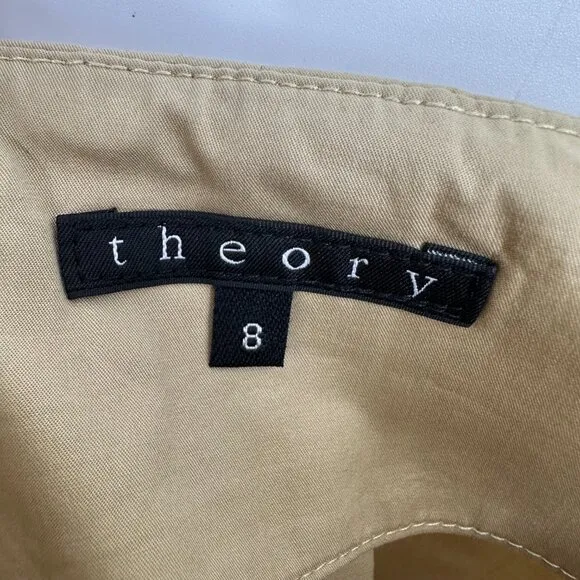 Theory Pleated Mini Skirt 8 Color Block Striped Cotton Poplin Tan Aqua Blue