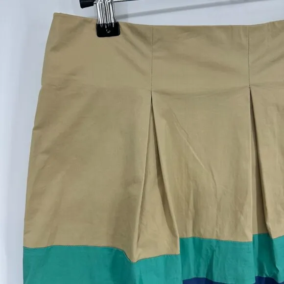 Theory Pleated Mini Skirt 8 Color Block Striped Cotton Poplin Tan Aqua Blue