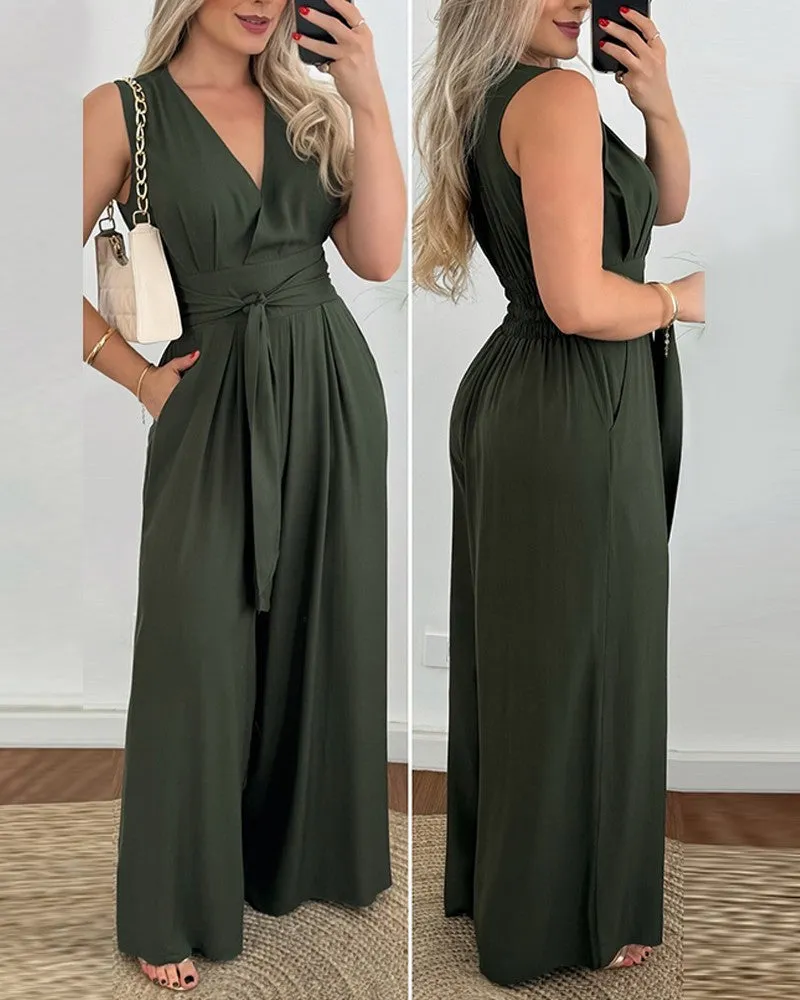 Tied Detail Pocket Design Wide Leg Jumpsuit