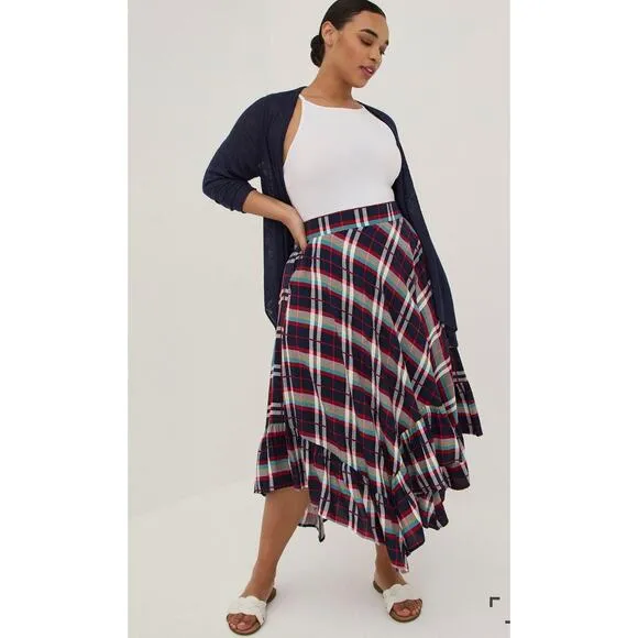 Torrid Plaid Hankerchief Red Plaid Midi Skirt size 1X Academia