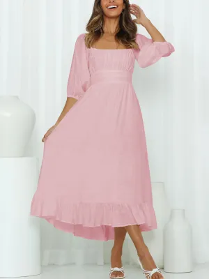 Under The Tuscan Back Tie Bow Puff Sleeve Mid Dress - Pink