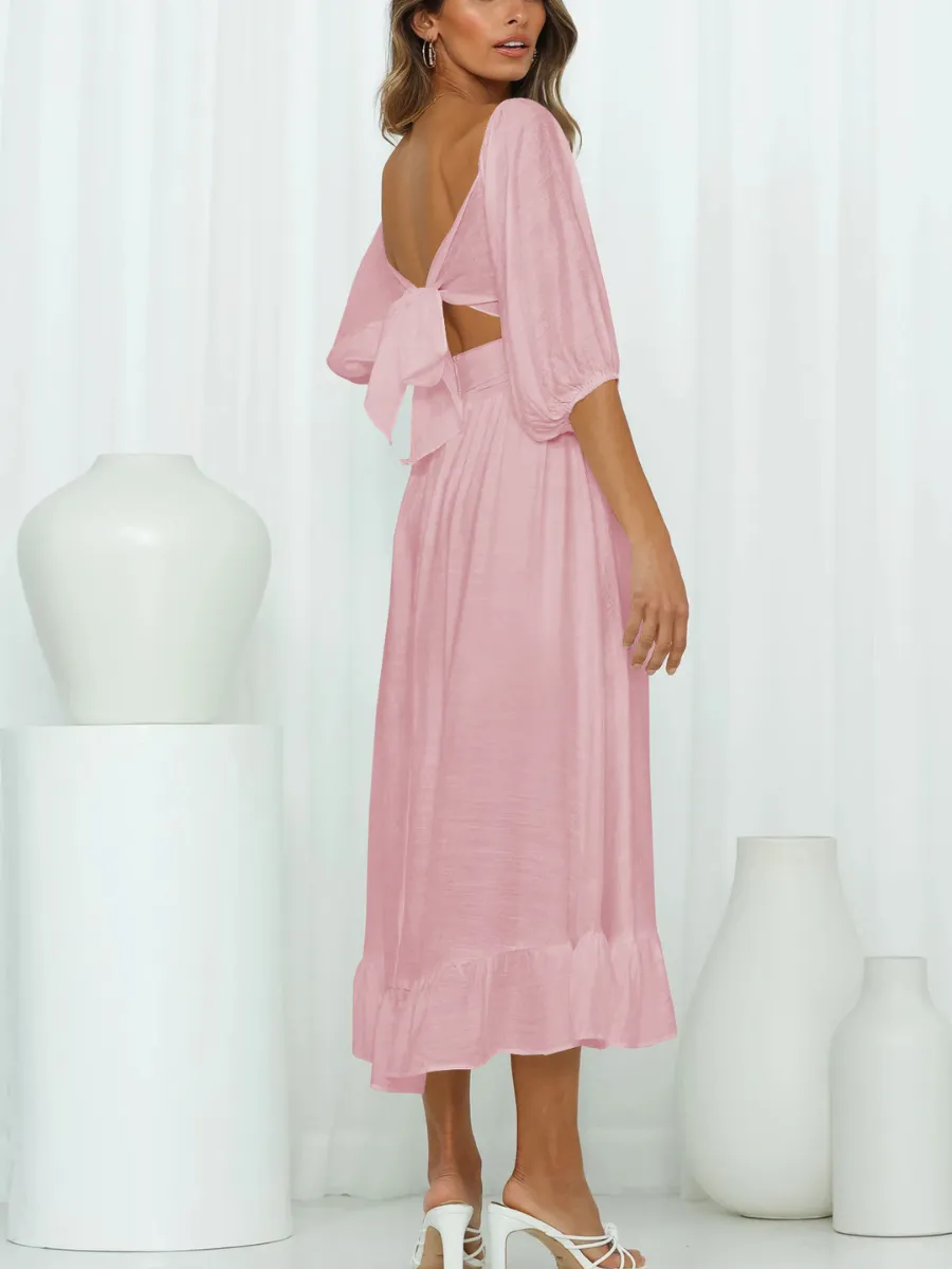 Under The Tuscan Back Tie Bow Puff Sleeve Mid Dress - Pink