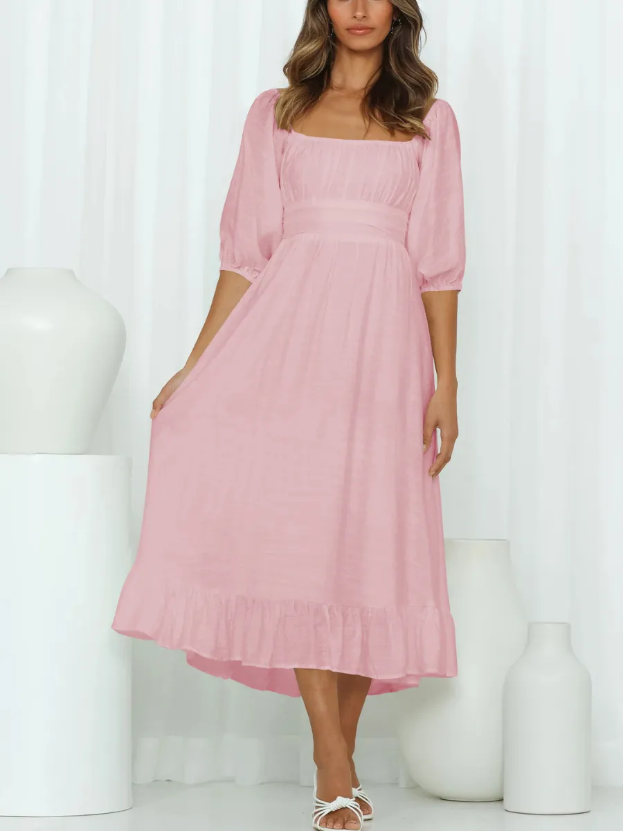 Under The Tuscan Back Tie Bow Puff Sleeve Mid Dress - Pink