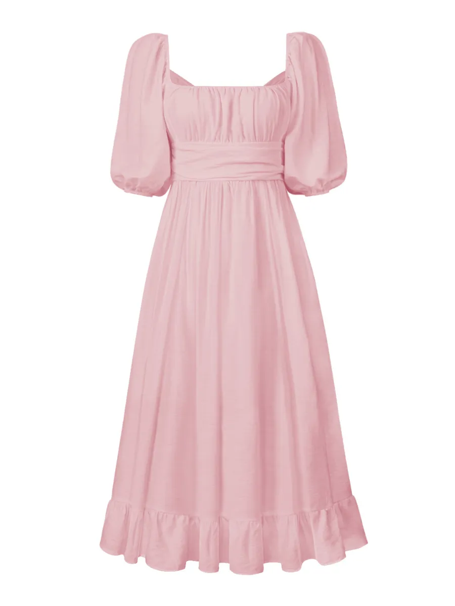 Under The Tuscan Back Tie Bow Puff Sleeve Mid Dress - Pink
