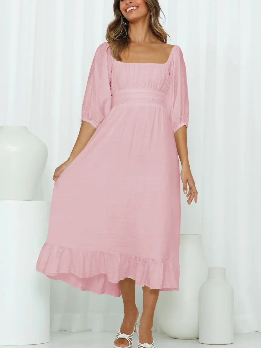Under The Tuscan Back Tie Bow Puff Sleeve Mid Dress - Pink