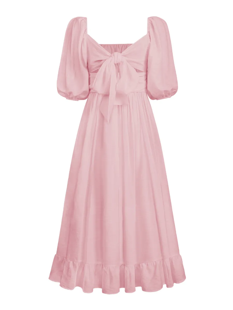 Under The Tuscan Back Tie Bow Puff Sleeve Mid Dress - Pink