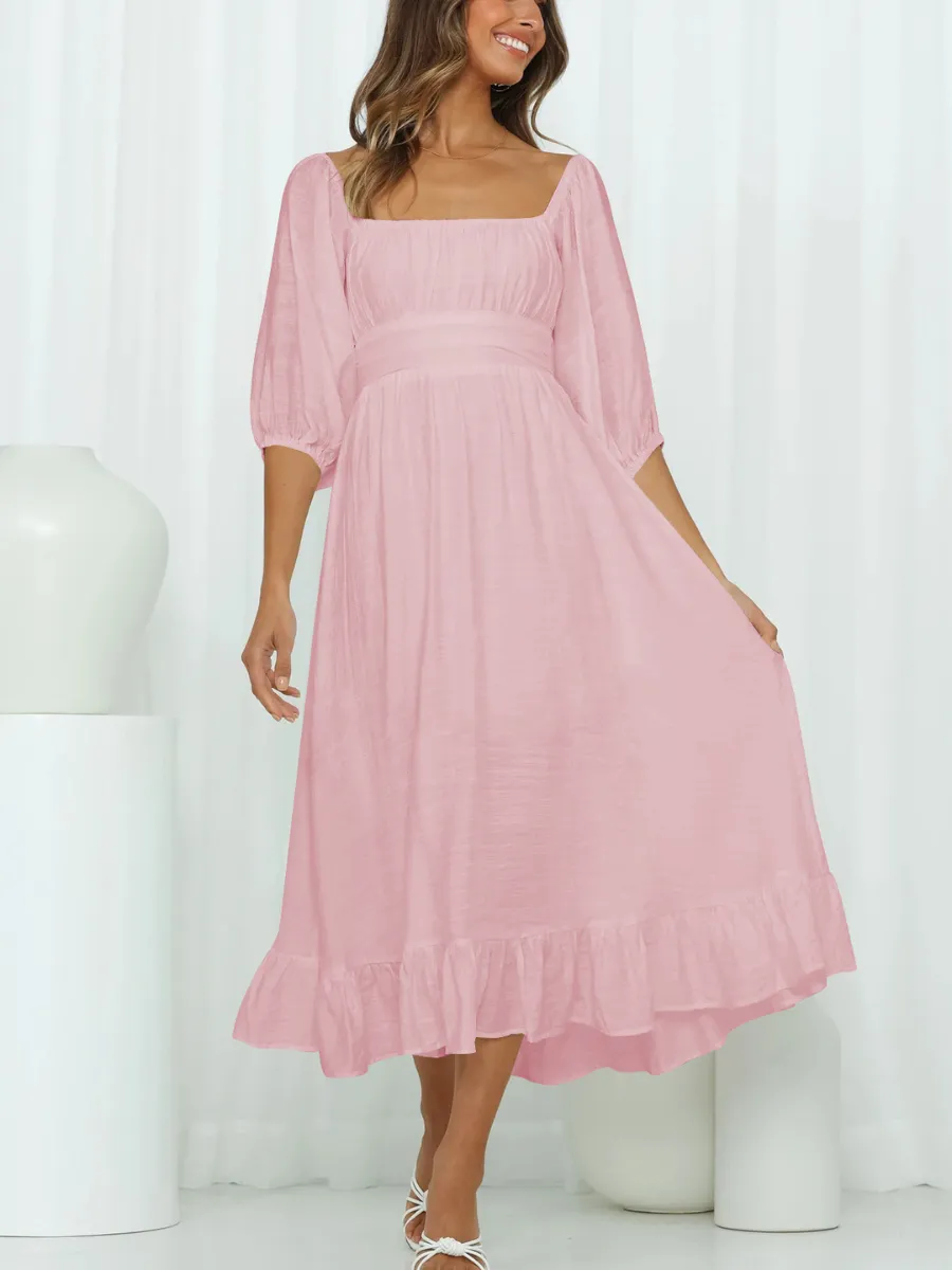 Under The Tuscan Back Tie Bow Puff Sleeve Mid Dress - Pink
