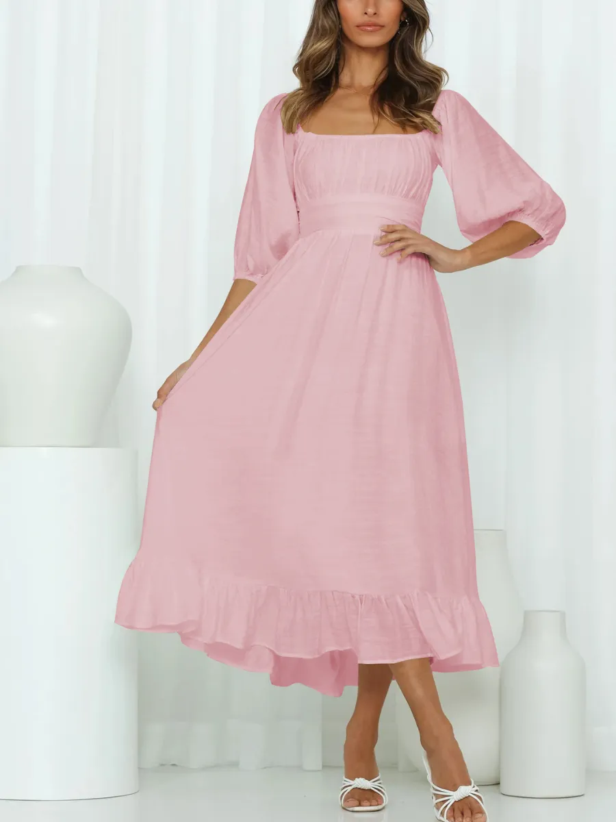 Under The Tuscan Back Tie Bow Puff Sleeve Mid Dress - Pink