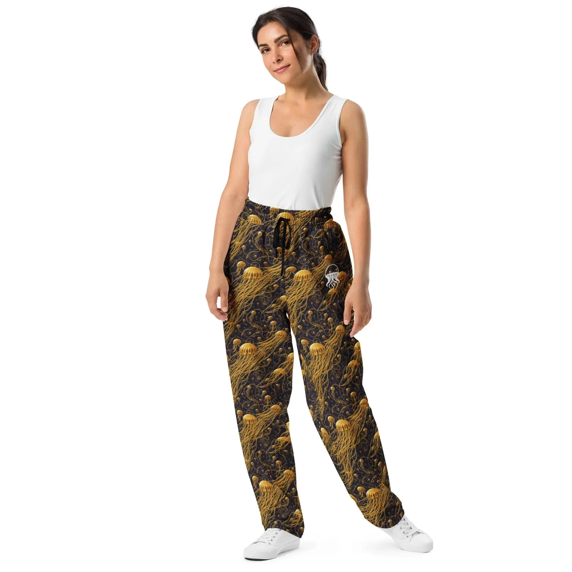 Unisex Wide-leg Joggers - Black and Gold Jellyfishes