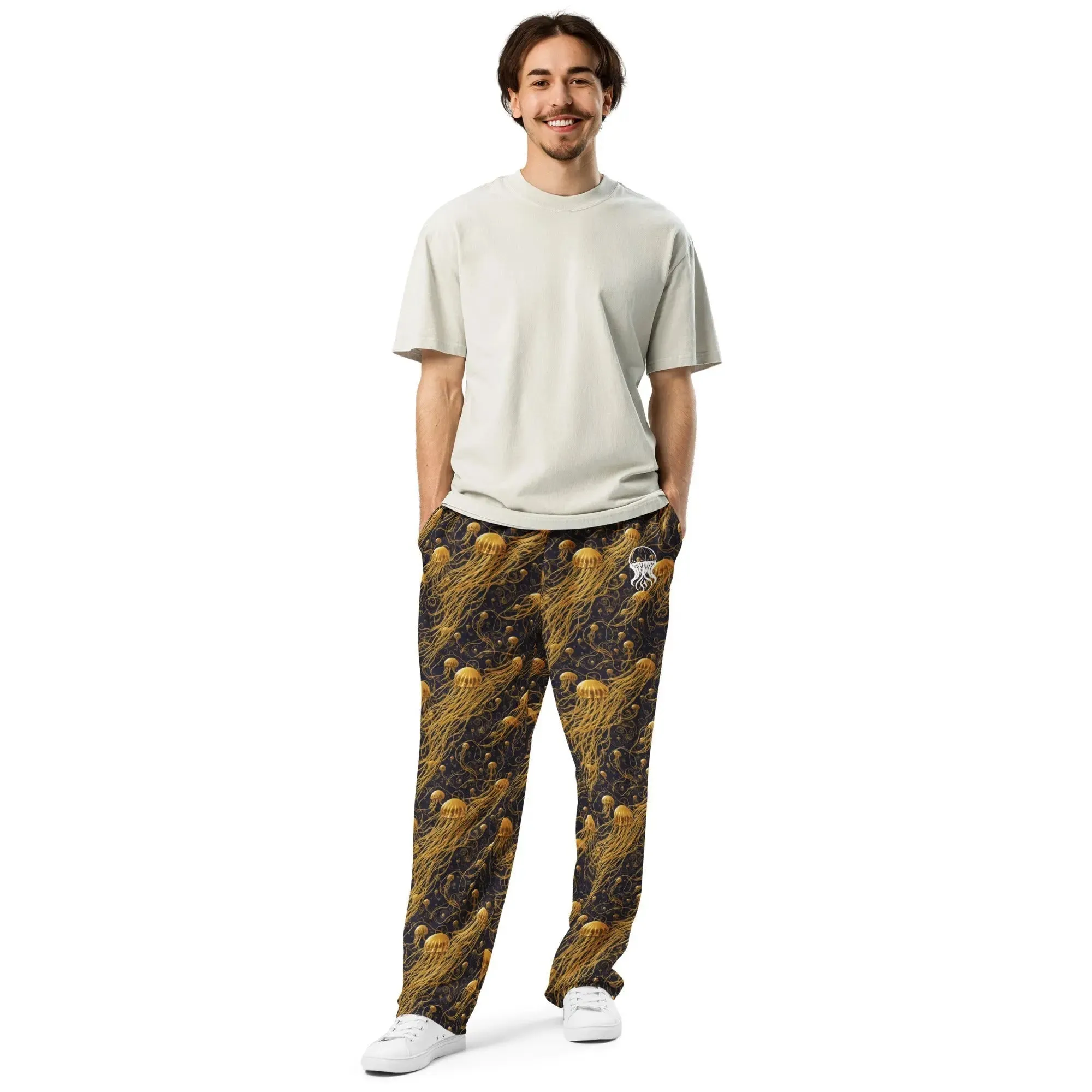 Unisex Wide-leg Joggers - Black and Gold Jellyfishes