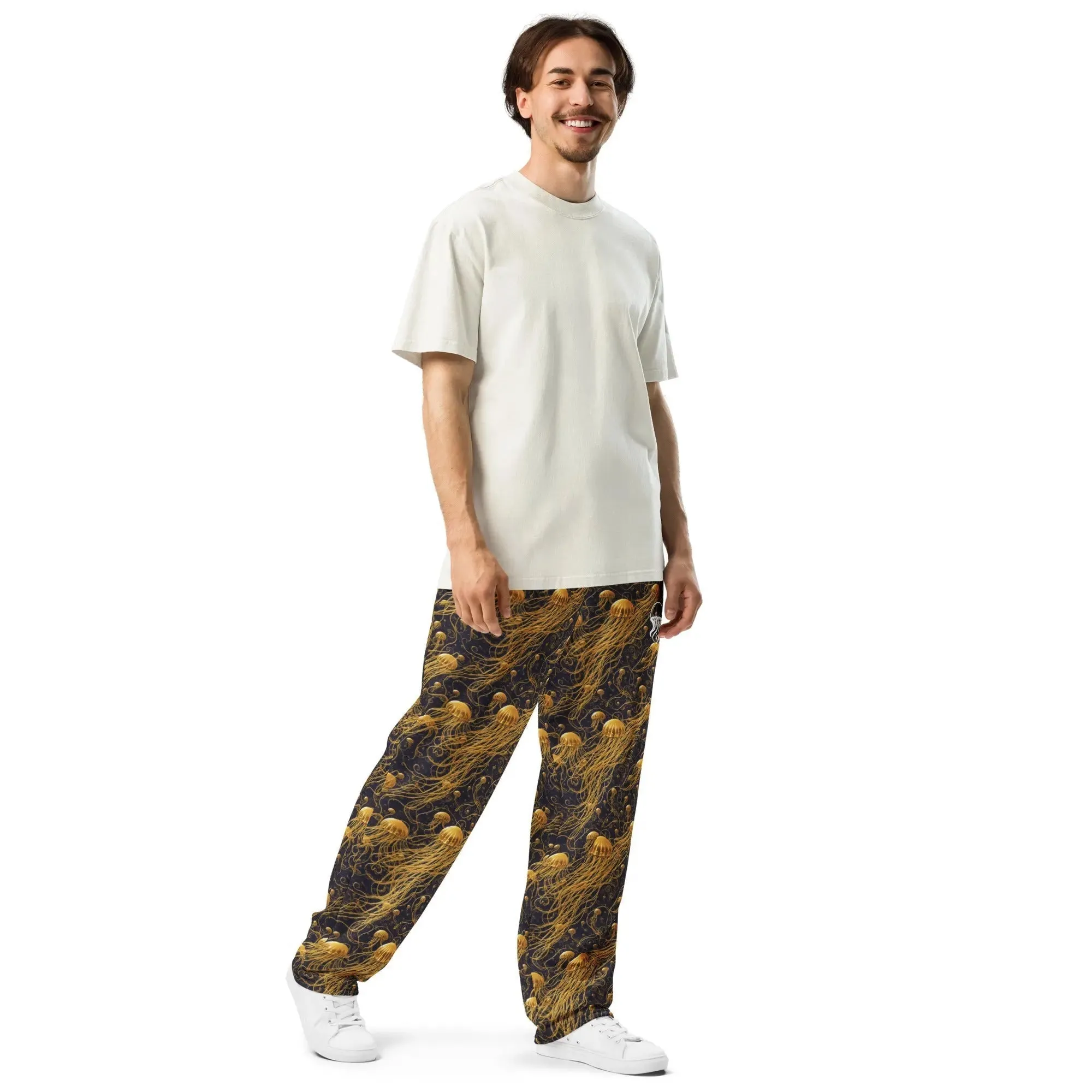 Unisex Wide-leg Joggers - Black and Gold Jellyfishes