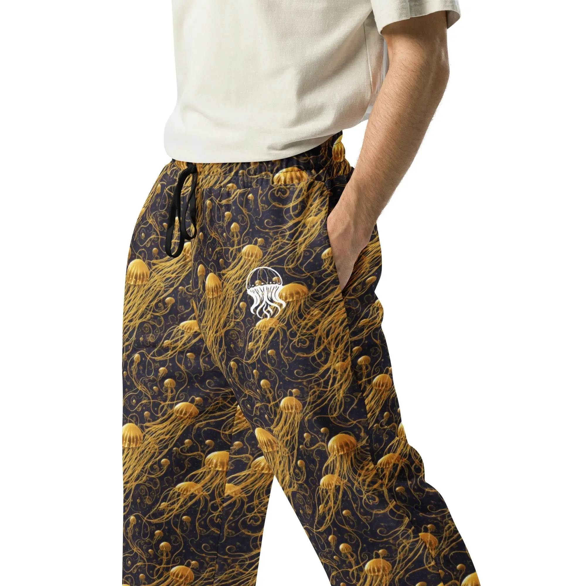 Unisex Wide-leg Joggers - Black and Gold Jellyfishes