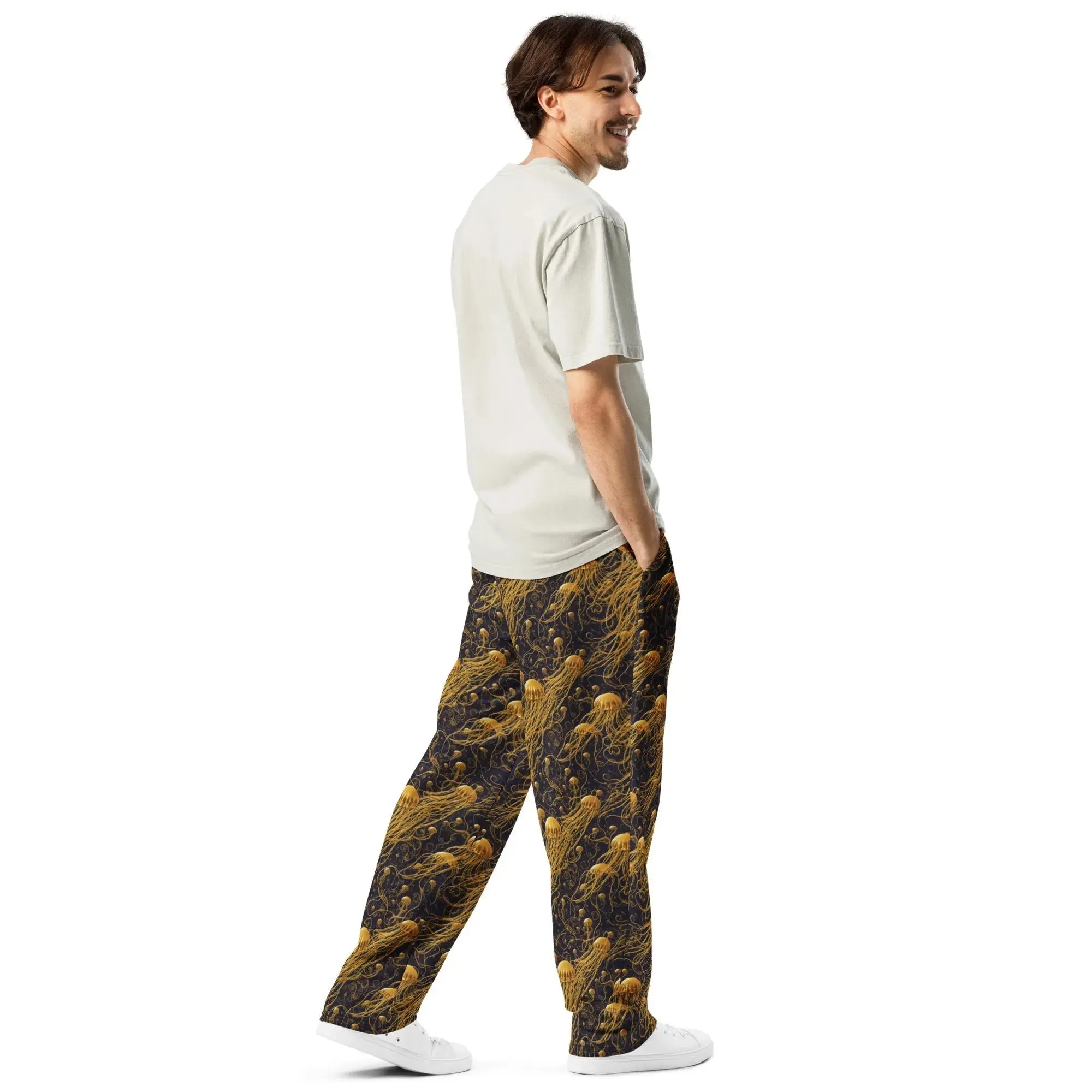 Unisex Wide-leg Joggers - Black and Gold Jellyfishes