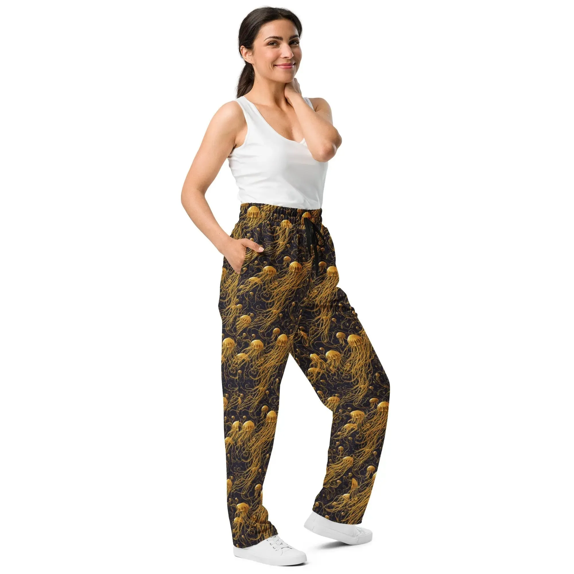 Unisex Wide-leg Joggers - Black and Gold Jellyfishes