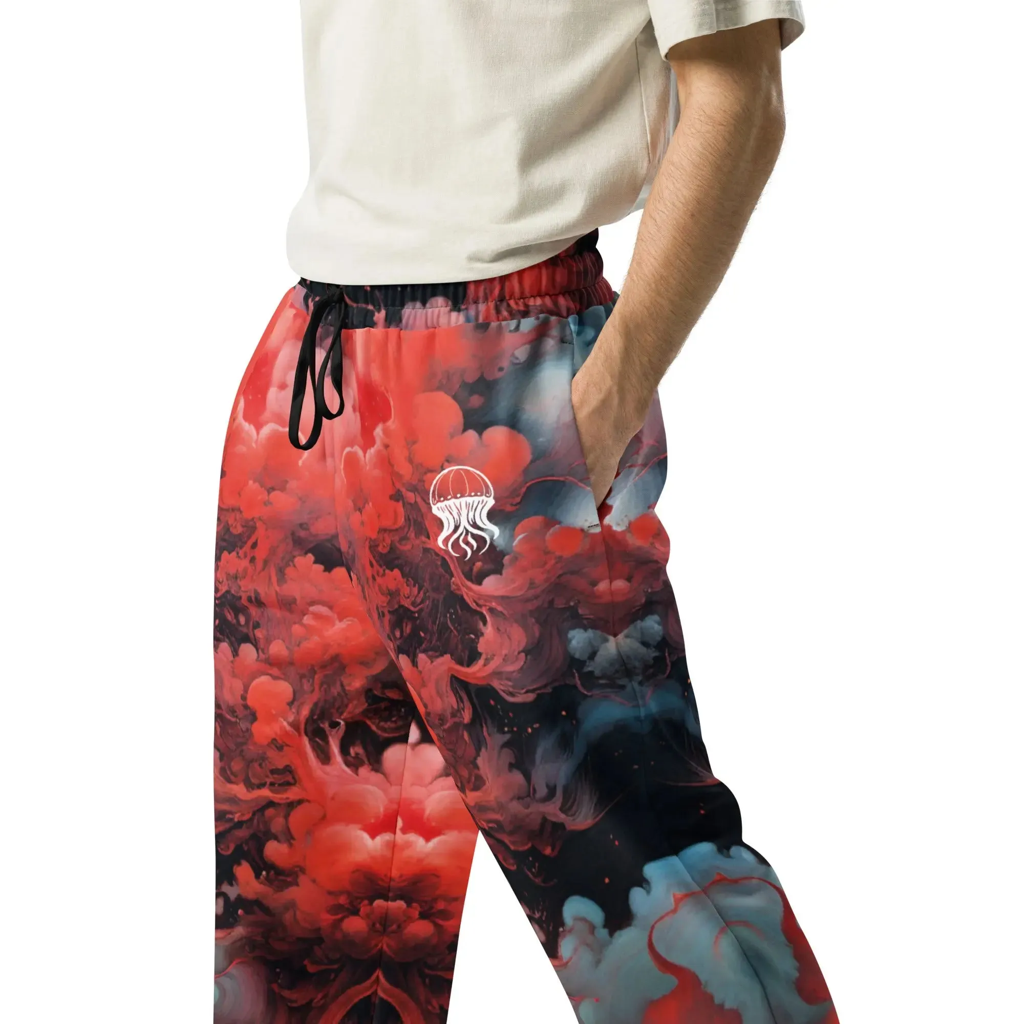 Unisex Wide-leg Joggers - Ethereal Crimson Flow - Dark