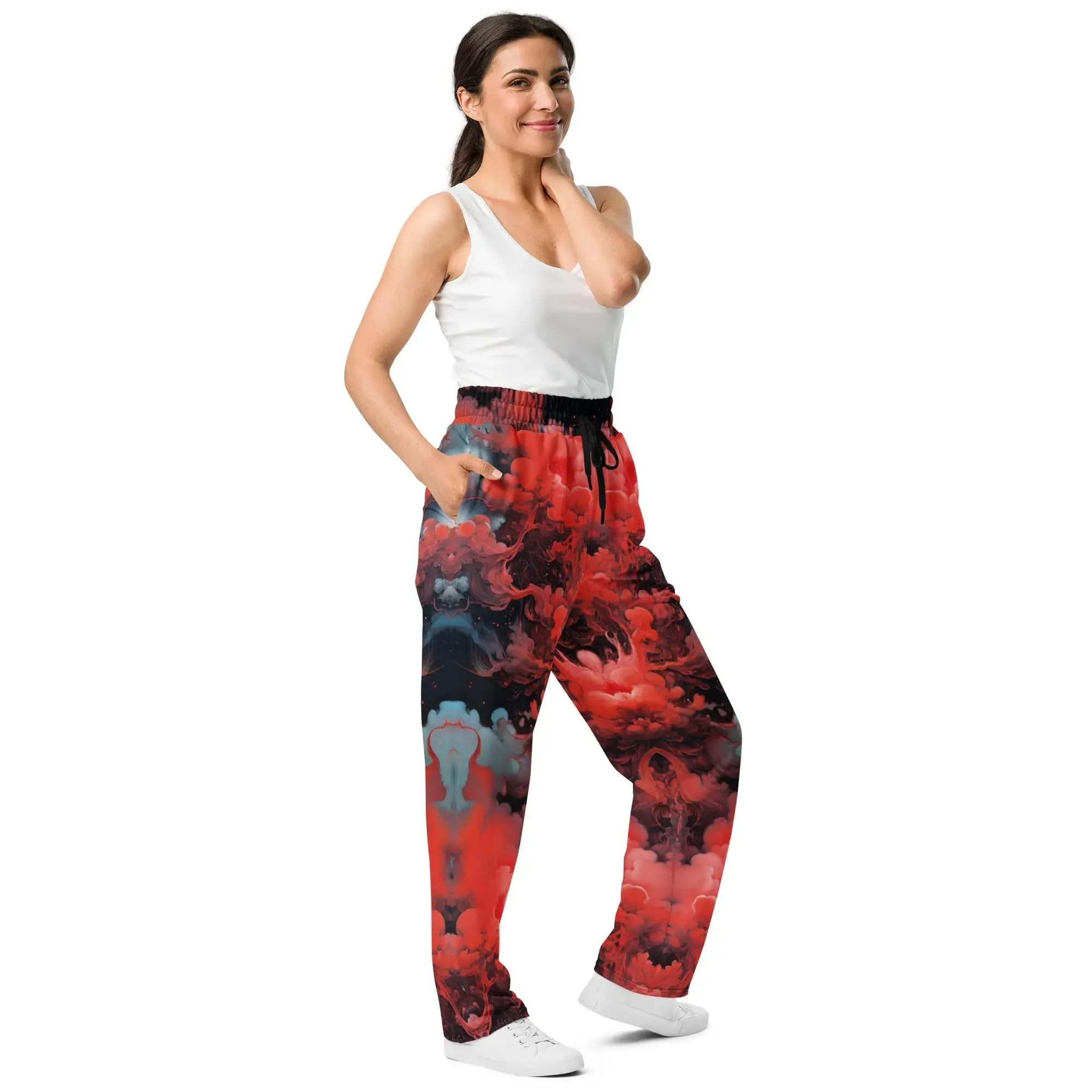 Unisex Wide-leg Joggers - Ethereal Crimson Flow - Dark