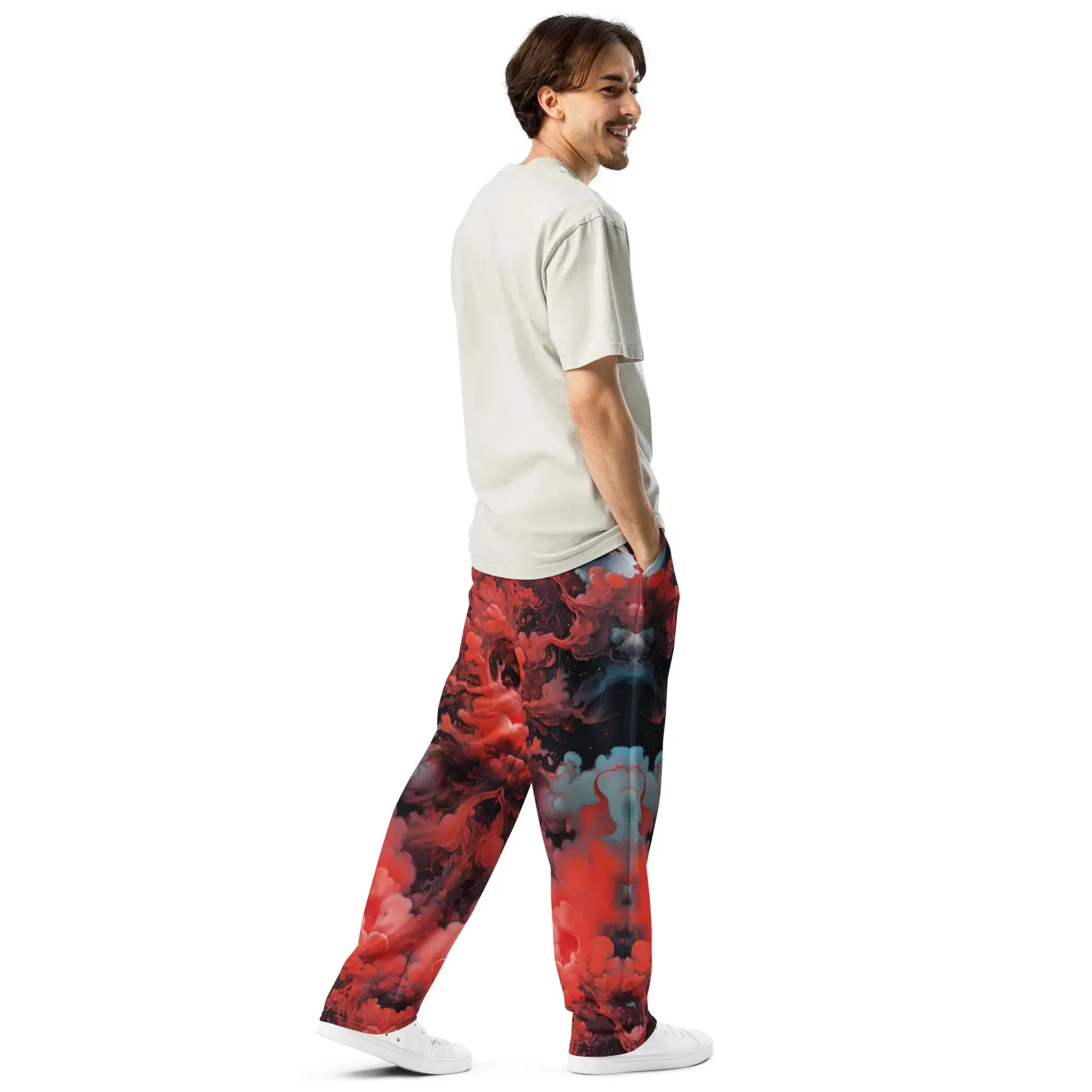 Unisex Wide-leg Joggers - Ethereal Crimson Flow - Dark