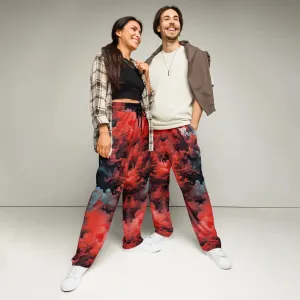 Unisex Wide-leg Joggers - Ethereal Crimson Flow - Dark