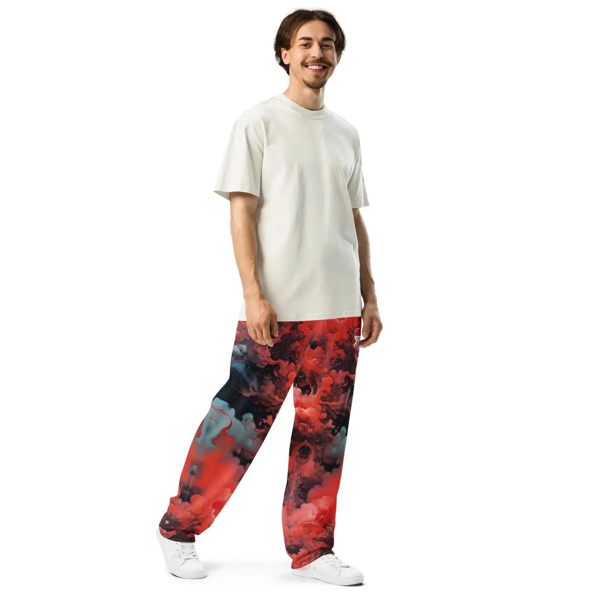 Unisex Wide-leg Joggers - Ethereal Crimson Flow - Dark