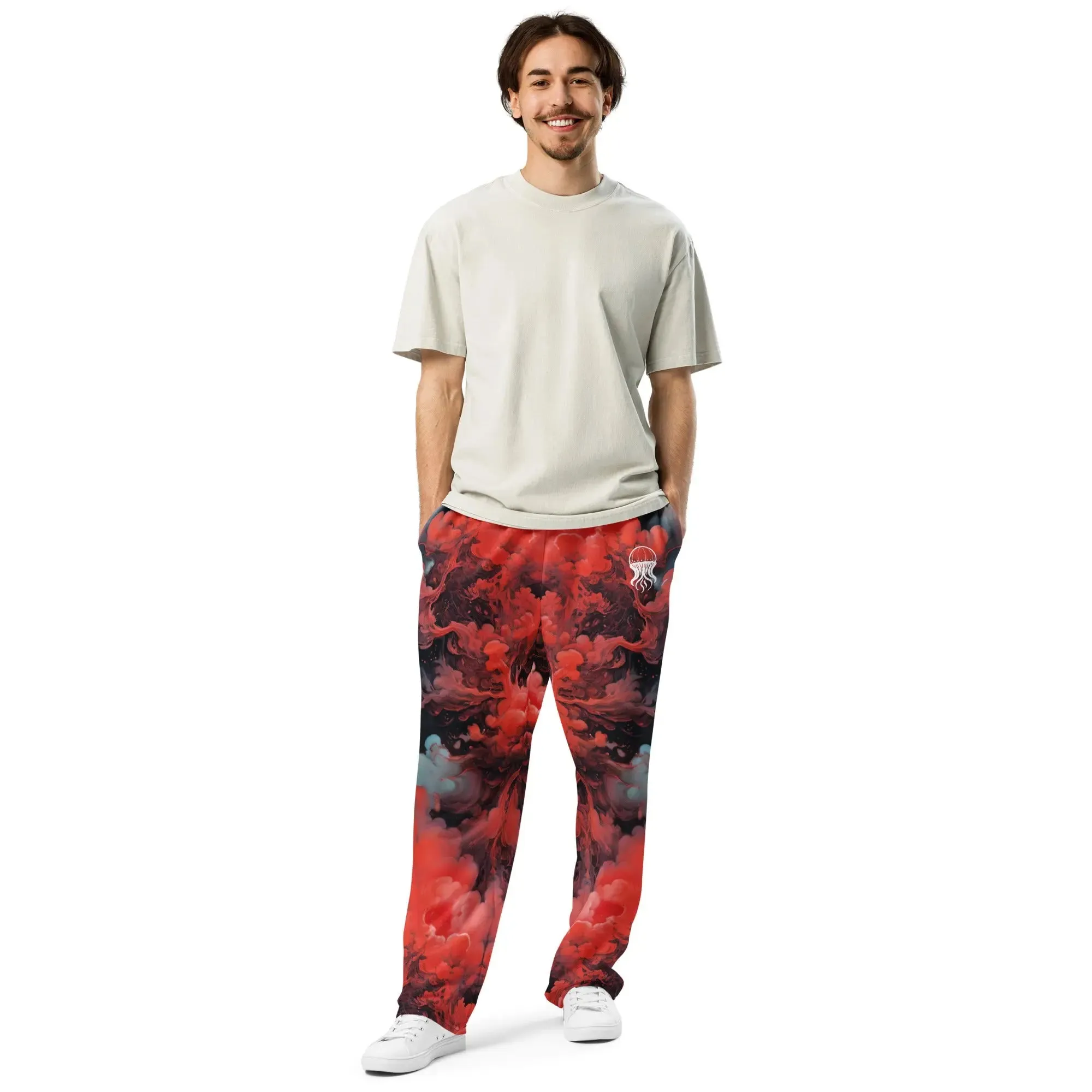Unisex Wide-leg Joggers - Ethereal Crimson Flow - Dark